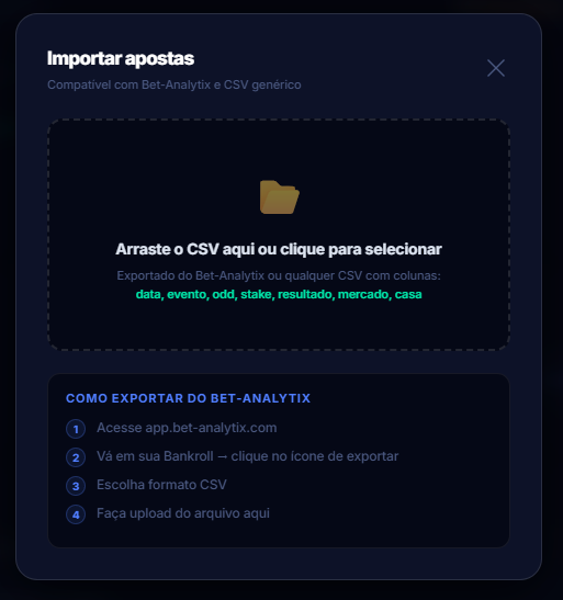 Tela de importação de apostas do ODDAR